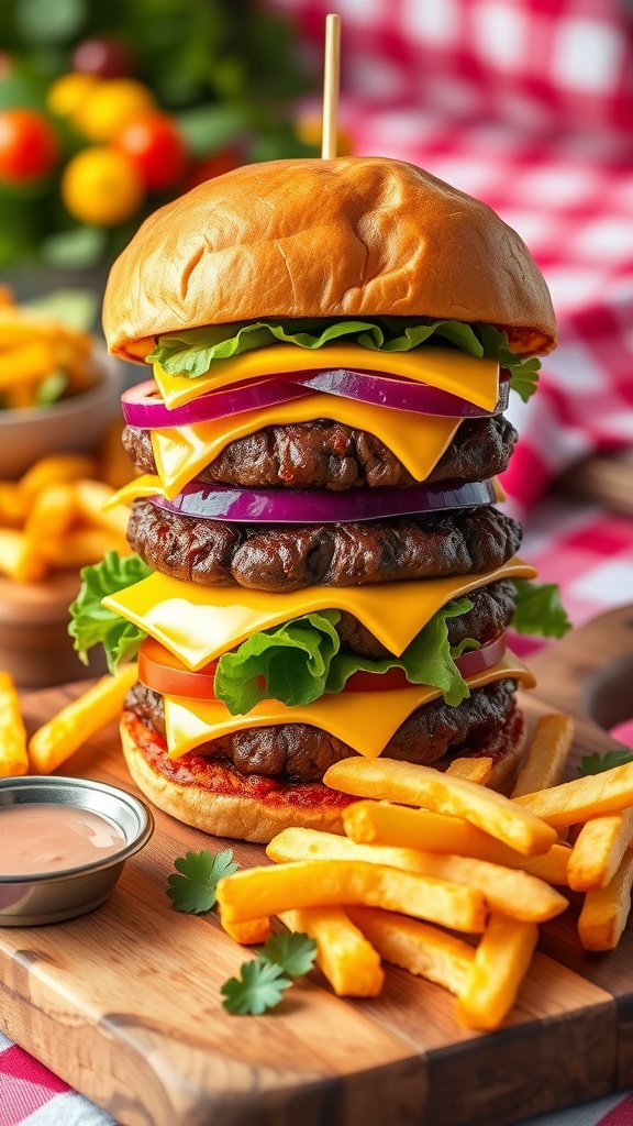 A gourmet burger with beef patty, cheddar cheese, lettuce, tomato, and onion on brioche bun with fries.